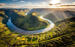 ai gegenereerd serpentijn symfonie, een majestueus antenne reis langs de meanderend rivier- door een weelderig vallei foto