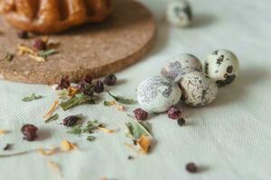 Pasen cupcakes met rozijnen en kwartel eieren Aan een wit tafel detailopname. de concept van vieren gelukkig Pasen. foto