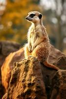 een meerkat zittend Aan top van een groot rots ai gegenereerd foto