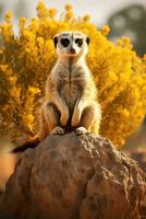 een meerkat zittend Aan top van een groot rots ai gegenereerd foto