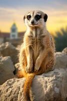 een meerkat zittend Aan top van een groot rots ai gegenereerd foto