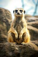 een meerkat zittend Aan top van een groot rots ai gegenereerd foto