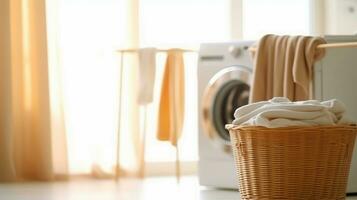 ai gegenereerd wasserij essentials - huishouden klusjes met een wasserij mand en het wassen machine - generatief ai foto