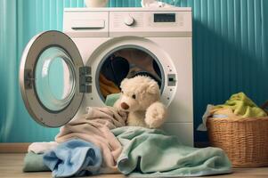 het wassen kinderen kleren. het wassen machine met een schoon gewassen handdoek en een teddy beer in de wasserij kamer ai generatief foto