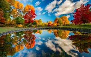 ai gegenereerd kalmte onthuld, herfst omhelzing Aan de rustig vijver foto