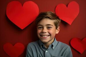 ai gegenereerd gelukkig weinig jongen met rood harten Aan Valentijnsdag dag. foto