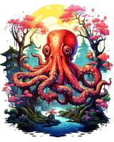 ai gegenereerd visie van betoverend kleurrijk Octopus ontwerpen in een Woud foto