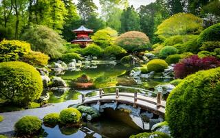 ai gegenereerd zen rust, een rustig reis door een Japans tuin oase foto