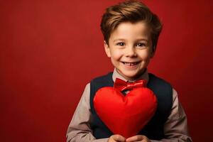 ai gegenereerd gelukkig weinig jongen met rood harten Aan Valentijnsdag dag. foto