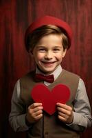 ai gegenereerd gelukkig weinig jongen met rood harten Aan Valentijnsdag dag. foto