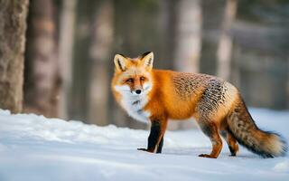 ai gegenereerd ijzig avonturen, grillig vos stoeien in winter wonderland foto