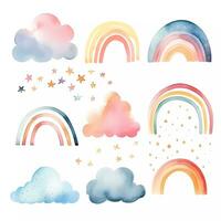 ai gegenereerd verzameling van waterverf abstract regenboog en wolk verzameling. schattig pastel regenboog en wolk reeks geïsoleerd Aan wit achtergrond in kinderachtig Scandinavisch stijl foto