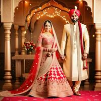 ai gegenereerd Indisch bruidegom gekleed in wit Sherwani en rood hoed met verbijsterend bruid in rood Lehenga staan en houden elk handen wandelen buiten foto