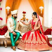 ai gegenereerd Indisch bruidegom gekleed in wit Sherwani en rood hoed met verbijsterend bruid in rood Lehenga staan en houden elk handen wandelen buiten foto