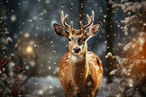 ai gegenereerd een hert in de winter Woud detailopname. symbool van nieuw jaar vakantie foto