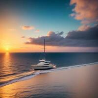 ai gegenereerd jacht het zeilen tegen zonsondergang. vakantie levensstijl landschap met horizon zeilboot en zonsondergang silhouet. zeilen toerisme. de beeld was gemaakt gebruik makend van generatief ai. foto