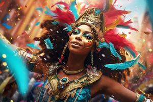 carnaval optocht met kleurrijk drijft, dansers in uitwerken kostuums, en levendig muziek, confetti in de lucht foto