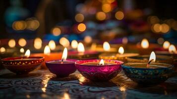 een levendig gelukkig diwali Indisch festival achtergrond gevulde met de warm gloed van kaarsen, diwali dag vieringen in vol schommel, ai gegenereerd foto