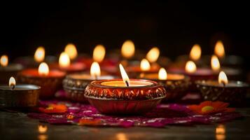 decoratief diya voor diwali achtergrond rangschikking van kaarsen en diya, ai gegenereerd foto