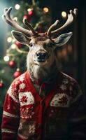 ai gegenereerd een schattig glimlachen rendier met Kerstmis trui. foto