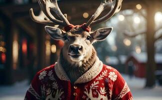 ai gegenereerd een schattig glimlachen rendier met Kerstmis trui. foto