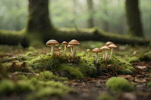 een bemost grond met klein champignons in de achtergrond. foto