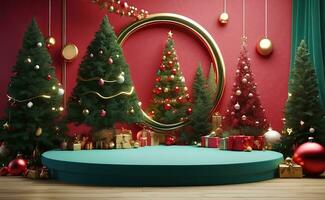 luxe vrolijk Kerstmis Product Scherm podium met pijnboom boom en decoratie. foto