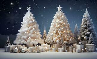 mooi Kerstmis boom met sterren ballen cadeaus en wit sneeuw. foto