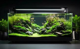 natuur nano aquarium met delicaat details in leven kamer. foto