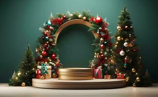 luxe vrolijk Kerstmis Product Scherm podium met pijnboom boom en decoratie. foto