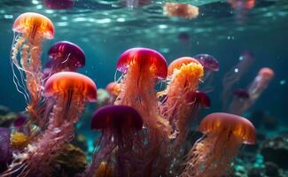een kleurrijk en levendig kleur kwal onder de zee. foto