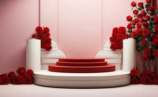 een modern podium met rood roos achtergrond. foto