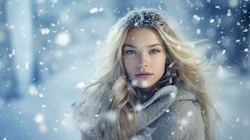 ai gegenereerd rozen elegantie betoverend winter wonderland met vallend sneeuwvlokken, met een model- in droomachtige kalmte foto