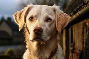 portret van een wit labrador retriever Aan een natuur achtergrond, bijgesneden foto, natuurlijk licht. ai kunst foto