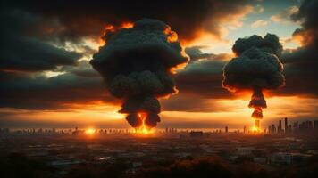 reusachtig natuurlijk ramp of nucleair explosie paddestoel wolk effect over- stad horizon. ai gegenereerd foto