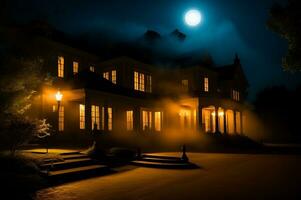 een spookachtig herenhuis Bij nacht. spookachtig trappenhuis met mist en een gloeiend spookachtig verschijning. ai gegenereerd foto