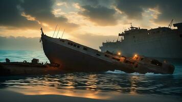 schipbreuk scuba chauffeurs door tunnel onder de oceaan met oud gezonken schip wrakstukken onderzees leven vraagt zich af documentaire. ai gegenereerd foto