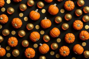 halloween oranje, zwart rots structuur met goud aderen en gouden keien. ai gegenereerd foto