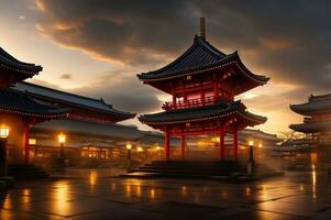 een mooi Japans dorp stad stad- in de ochtend. boeddhistisch tempel shinto altaar. ai gegenereerd foto