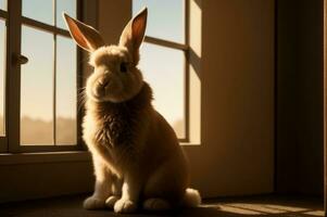 een schattig konijn in een lang verlichte laboratorium gang. ai gegenereerd foto