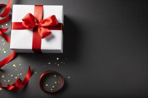 een wit geschenk doos met een rood lint en sommige confetti, generatief ai foto