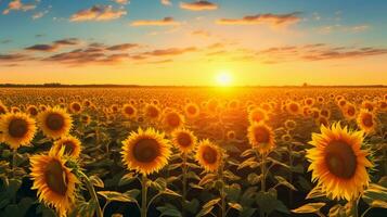 een veld- van zonnebloemen met de zon instelling in de achtergrond, generatief ai foto
