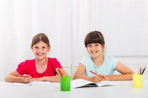 schattig weinig meisjes aan het doen huiswerk samen foto