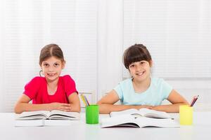 schattig weinig meisjes aan het doen huiswerk samen foto