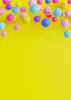 levendig, veelkleurig ballen, ballonnen Aan geel achtergrond, ideaal voor feestelijk of speels thema's. leeg, kopiëren ruimte. backdrop voor partij of viering uitnodigingen, kinderen feesten, Speel centra. 3d. foto