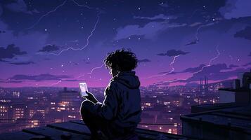 ai gegenereerd silhouet van meisje zittend met een telefoon in zijn hand- Aan landschap achtergrond nacht stad. generatief ai foto