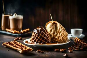 een wafel met karamel en koffie bonen Aan een bord. ai-gegenereerd foto