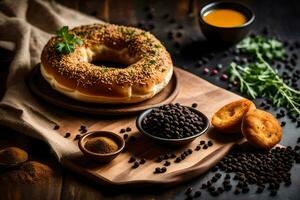 bagel met specerijen en kruiden Aan een houten tafel. ai-gegenereerd foto