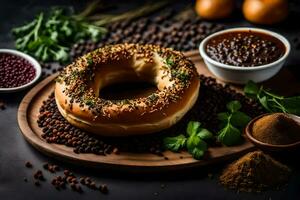 bagel met specerijen en kruiden Aan een donker achtergrond. ai-gegenereerd foto