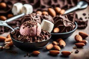 chocola ijs room in een kom met amandelen. ai-gegenereerd foto